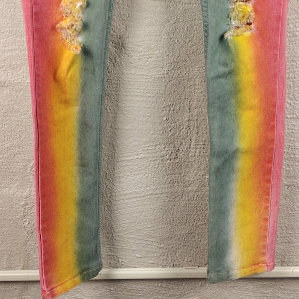 Go Glory Pink Yellow Tie-Dye Mid Rise Button Zip Ripped Skinny Colored Jeans - Picture 4 of 16